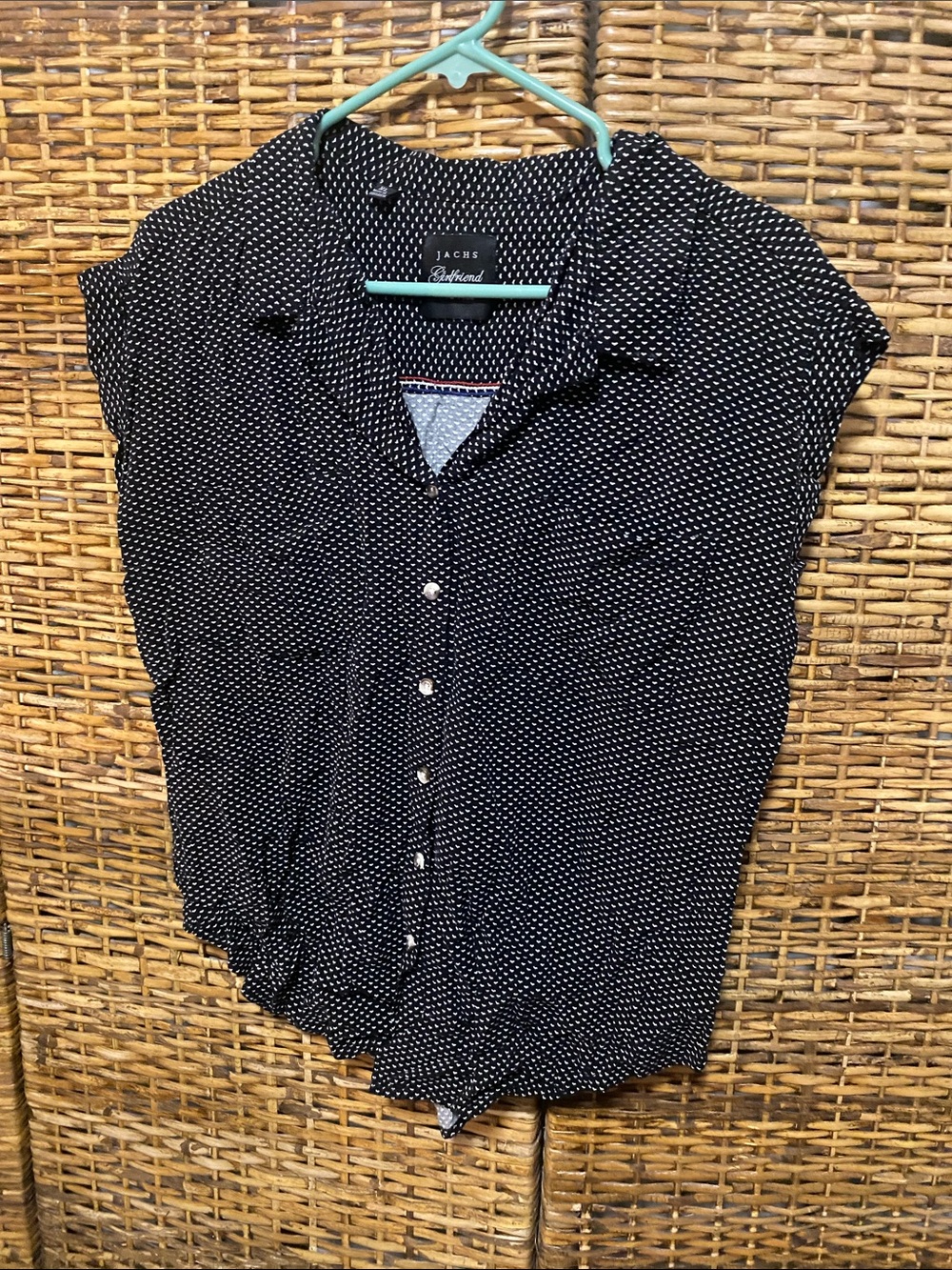 EUC Jachs Girlfriend Womens Black White Polka Dot Hearts Rayon Button Up Top XL